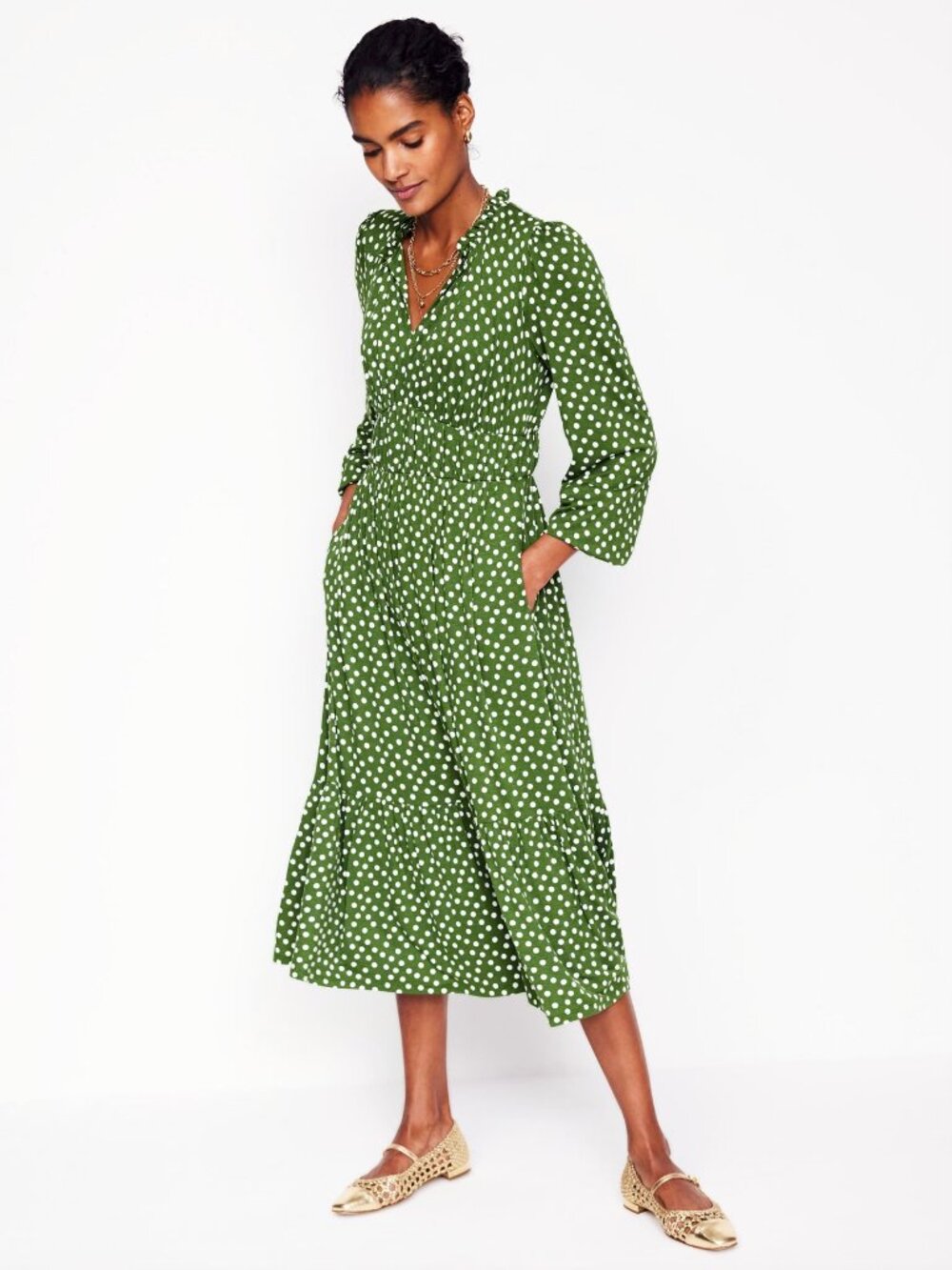 Boden Rosamund Jersey Midi Tea Dress in Paradise Green Abstract Dot